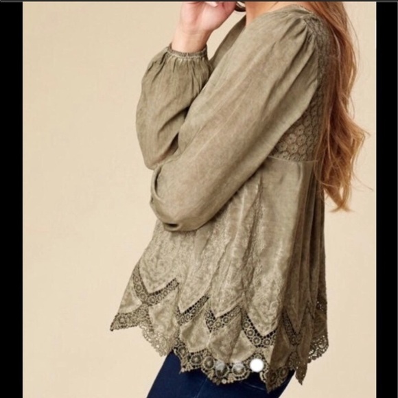 Altar’d State Olive Green Lace Design Blouse - Size XS - Picture 2 of 5